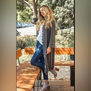 Tickled Teal Women’s XL Long Open Grey Cardigan With Lace Edging